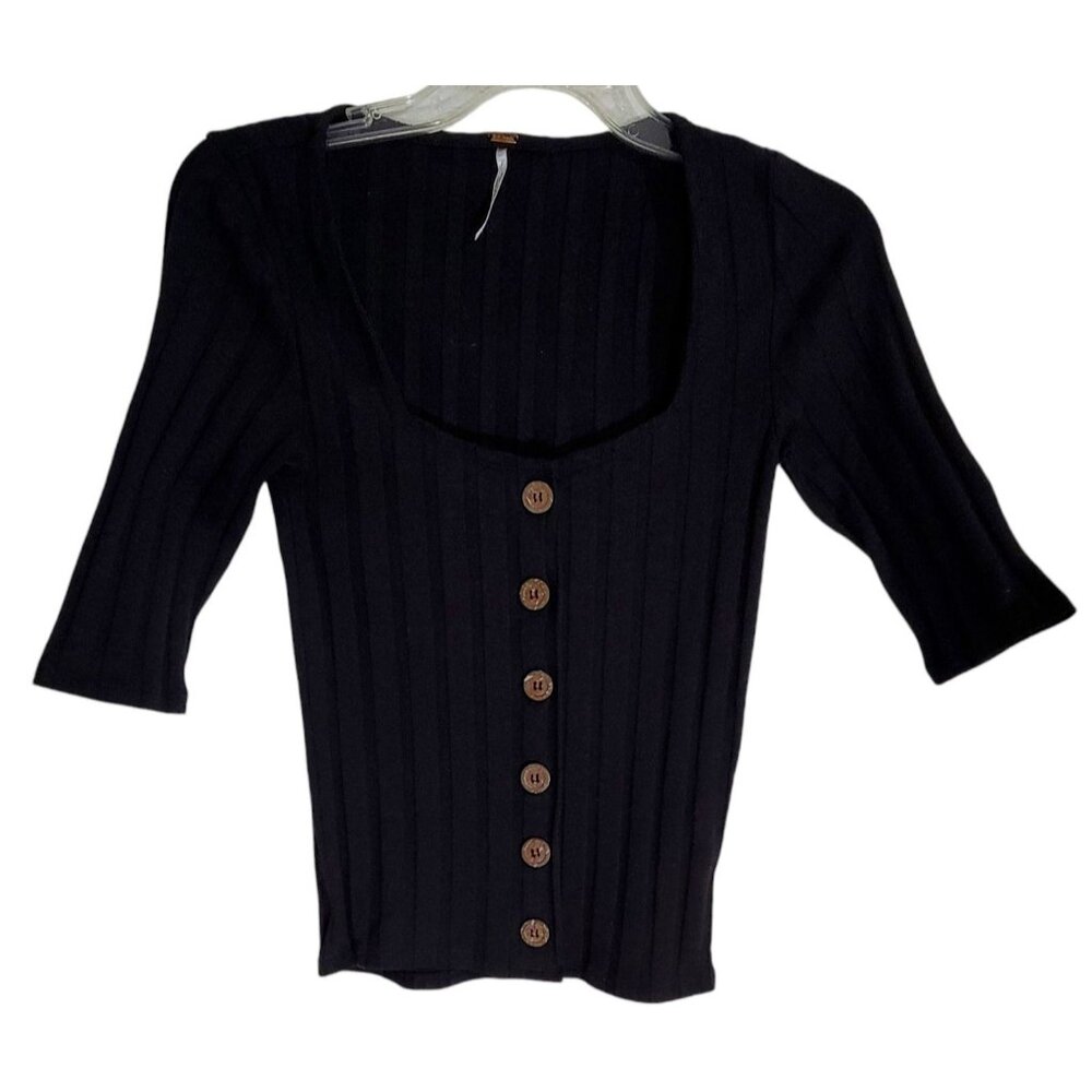 Free People Womens Black Central Park Ribbed Top Button Up Elbow Sleeve Size S